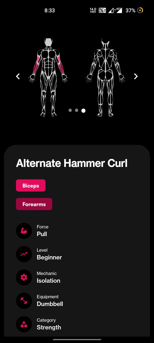 An Lfit exercise detail page, showing a muscle diagram, equipment notes, and past performance.