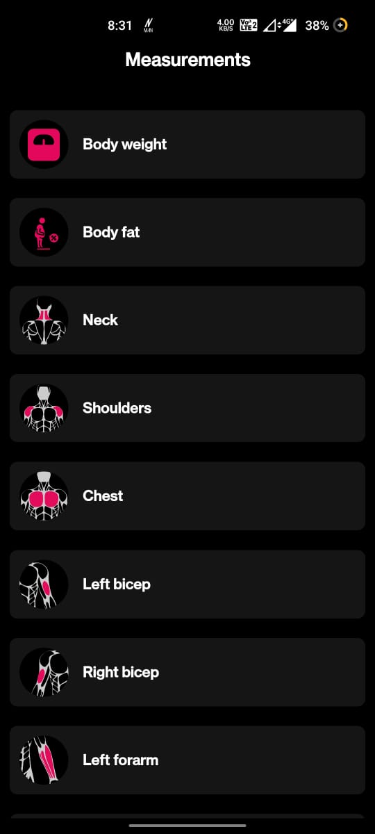 The Lfit body measurements screen, showing recorded measurements and a BMI figure.
