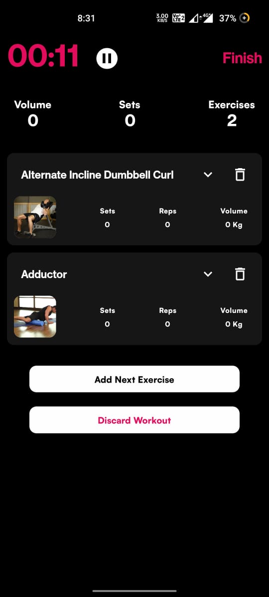 The Lfit workout log, showing sets, reps, weights, and a rest timer for a session in progress.
