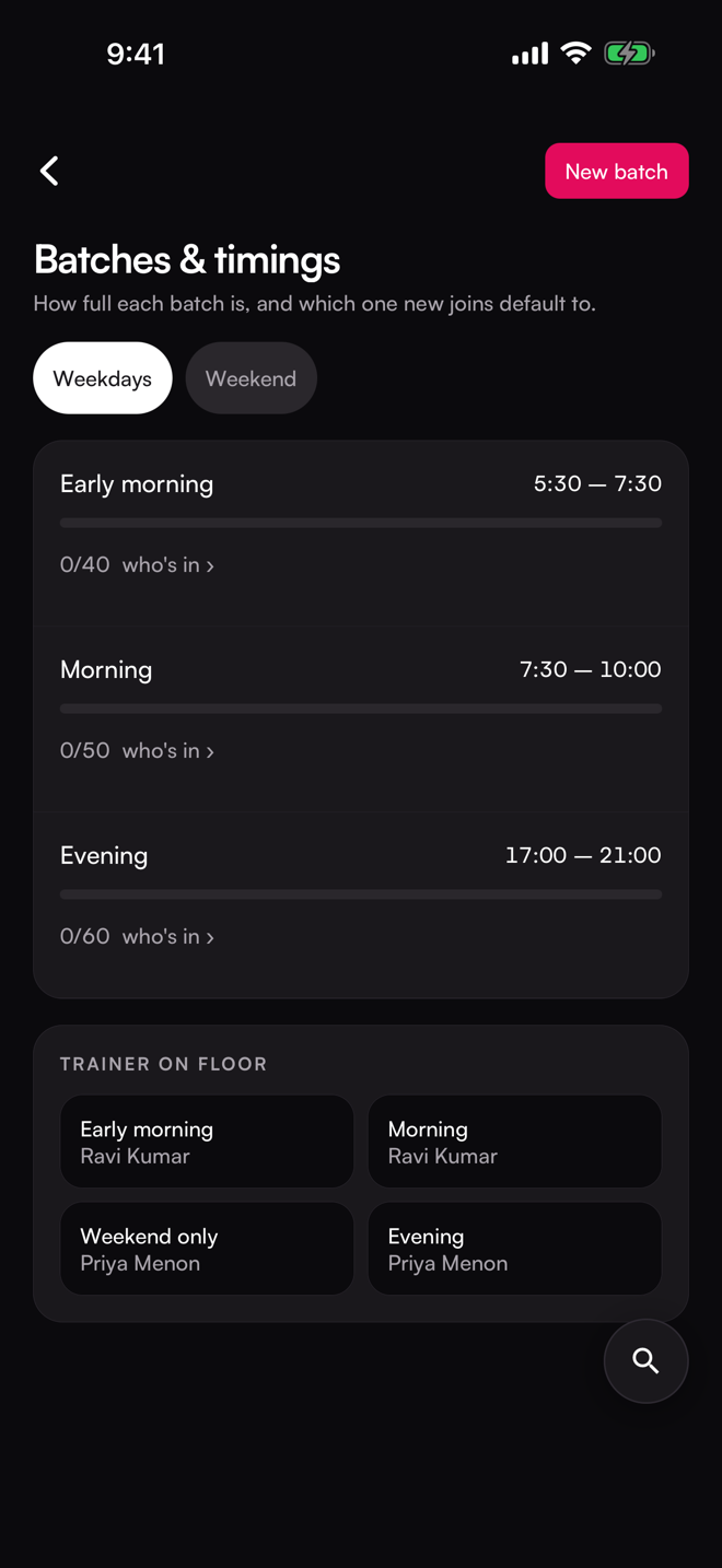 The Batches & timings screen. Four batches across the week.