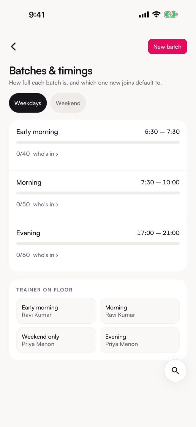 The Batches & timings screen. Four batches across the week.