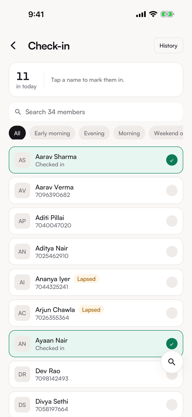 The Check-in screen. Today's list, partly checked in.