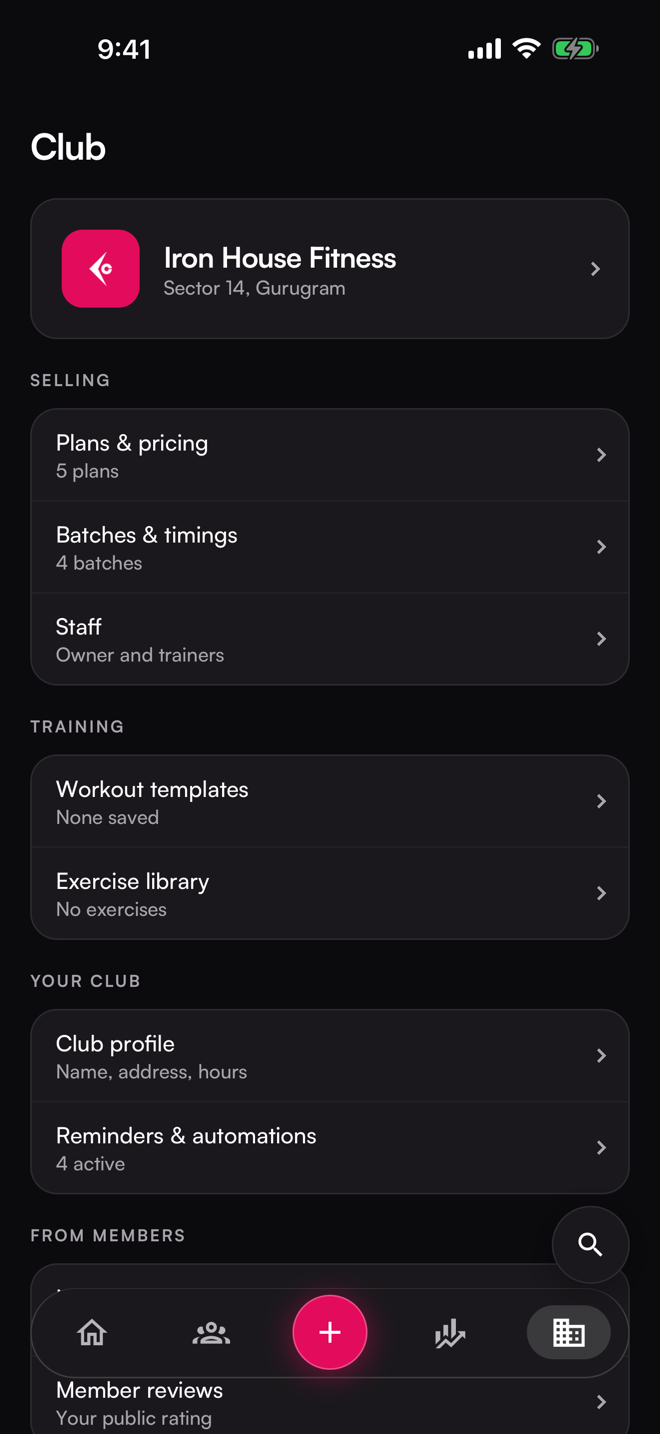 The Club hub screen of Varzish Mate.