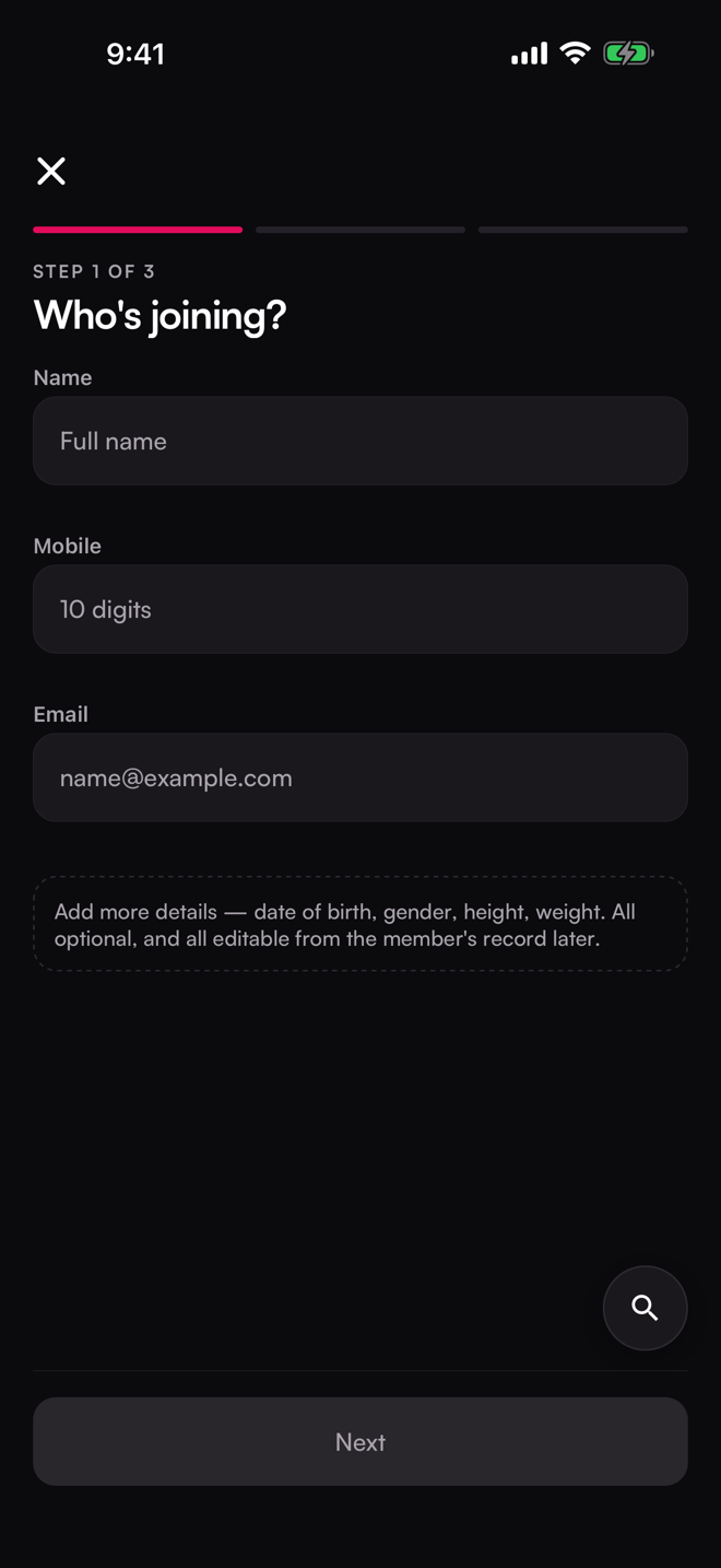 The Add member screen. Step 1 of 3.
