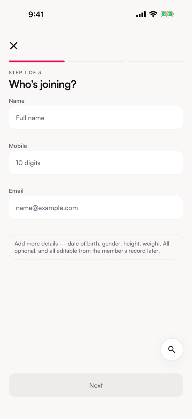 The Add member screen. Step 1 of 3.