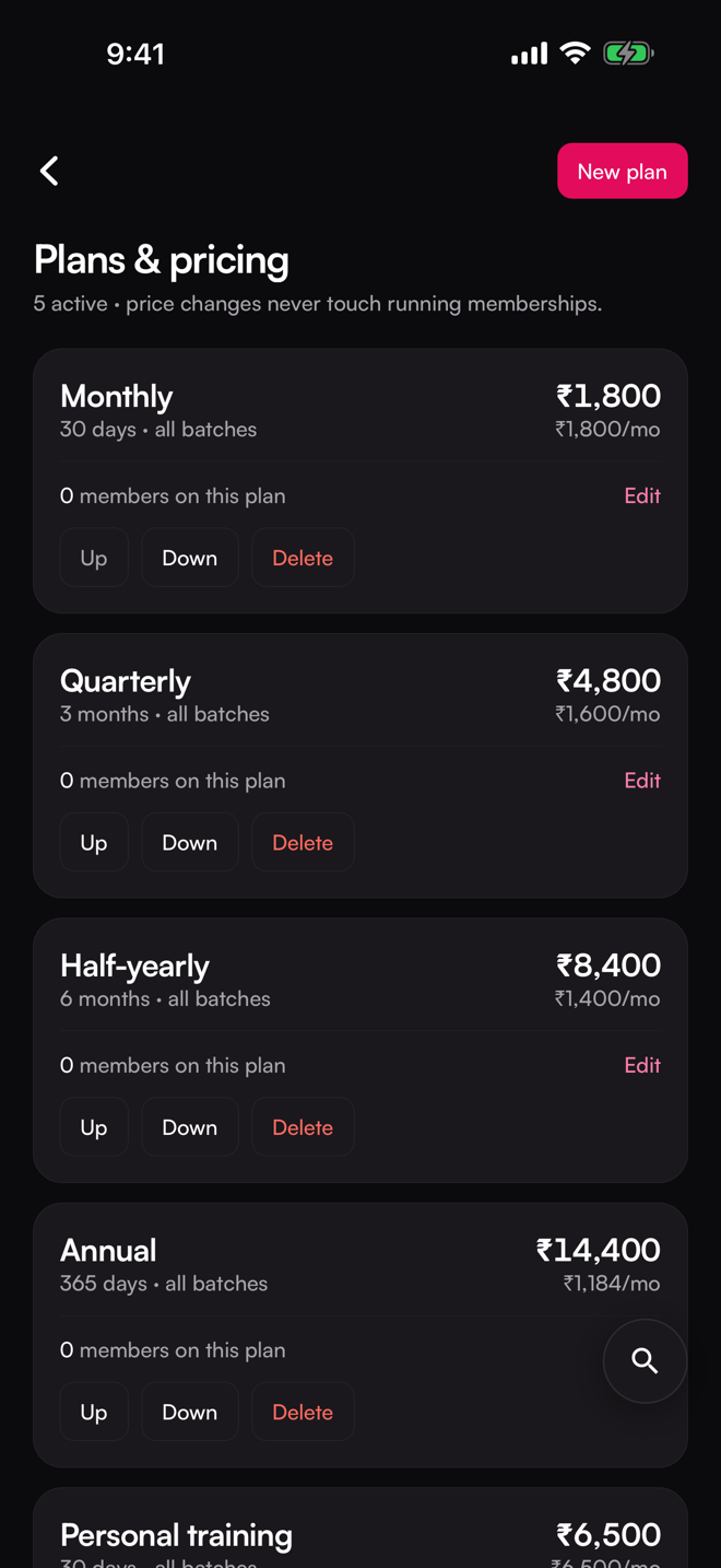 The Plans & pricing screen. Five plans with durations and amounts.