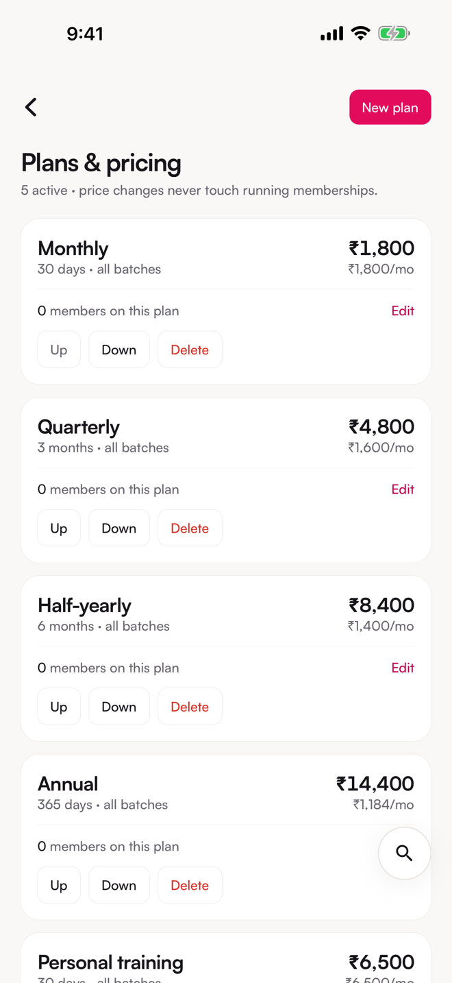 The Plans & pricing screen. Five plans with durations and amounts.
