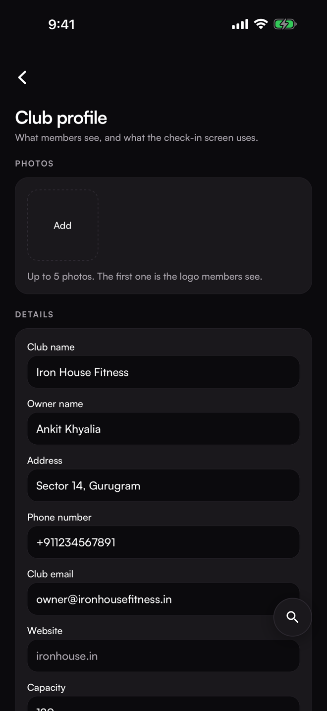 The Club profile screen. Club profile form with the gallery.