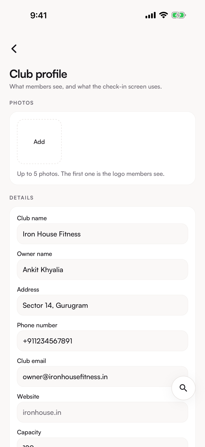 The Club profile screen. Club profile form with the gallery.