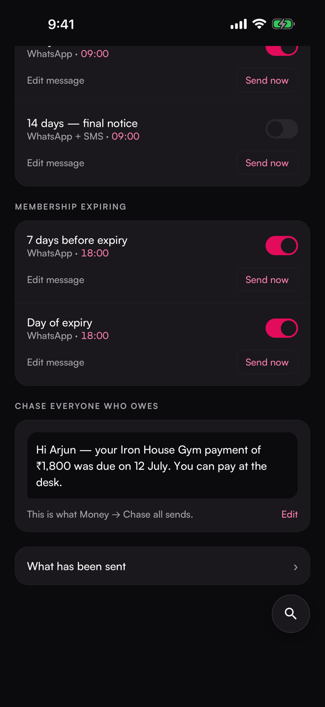 The Reminders & automations screen. Rule toggles per stage, channel and send time, the message preview.