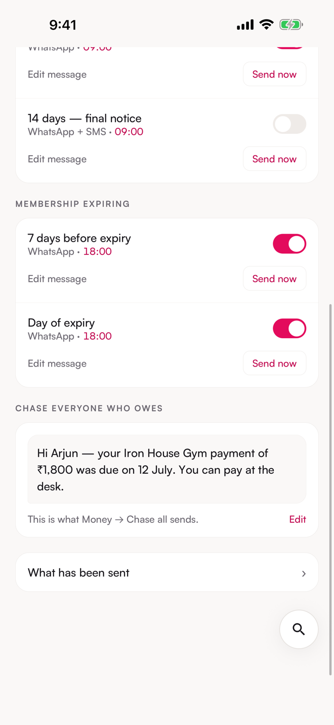 The Reminders & automations screen. Rule toggles per stage, channel and send time, the message preview.