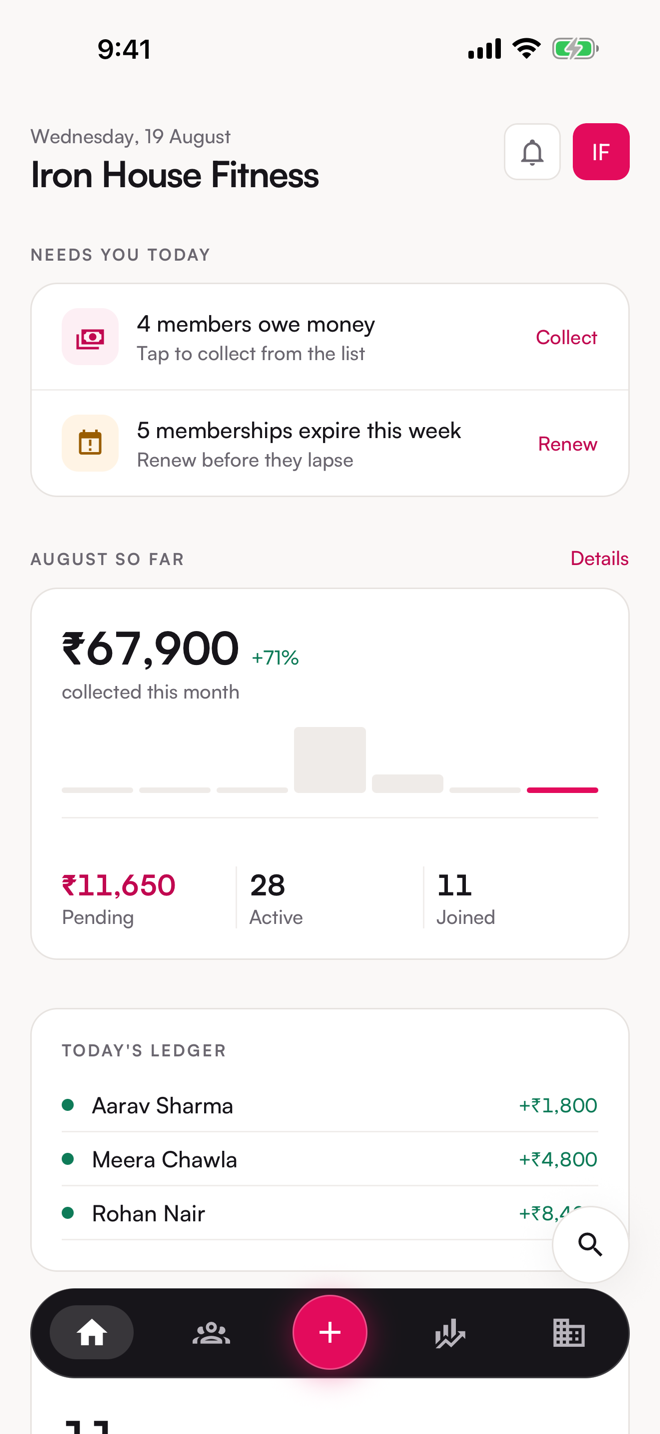 The Today screen. Needs-you-today queue, the month's collected and pending, today's floor count.